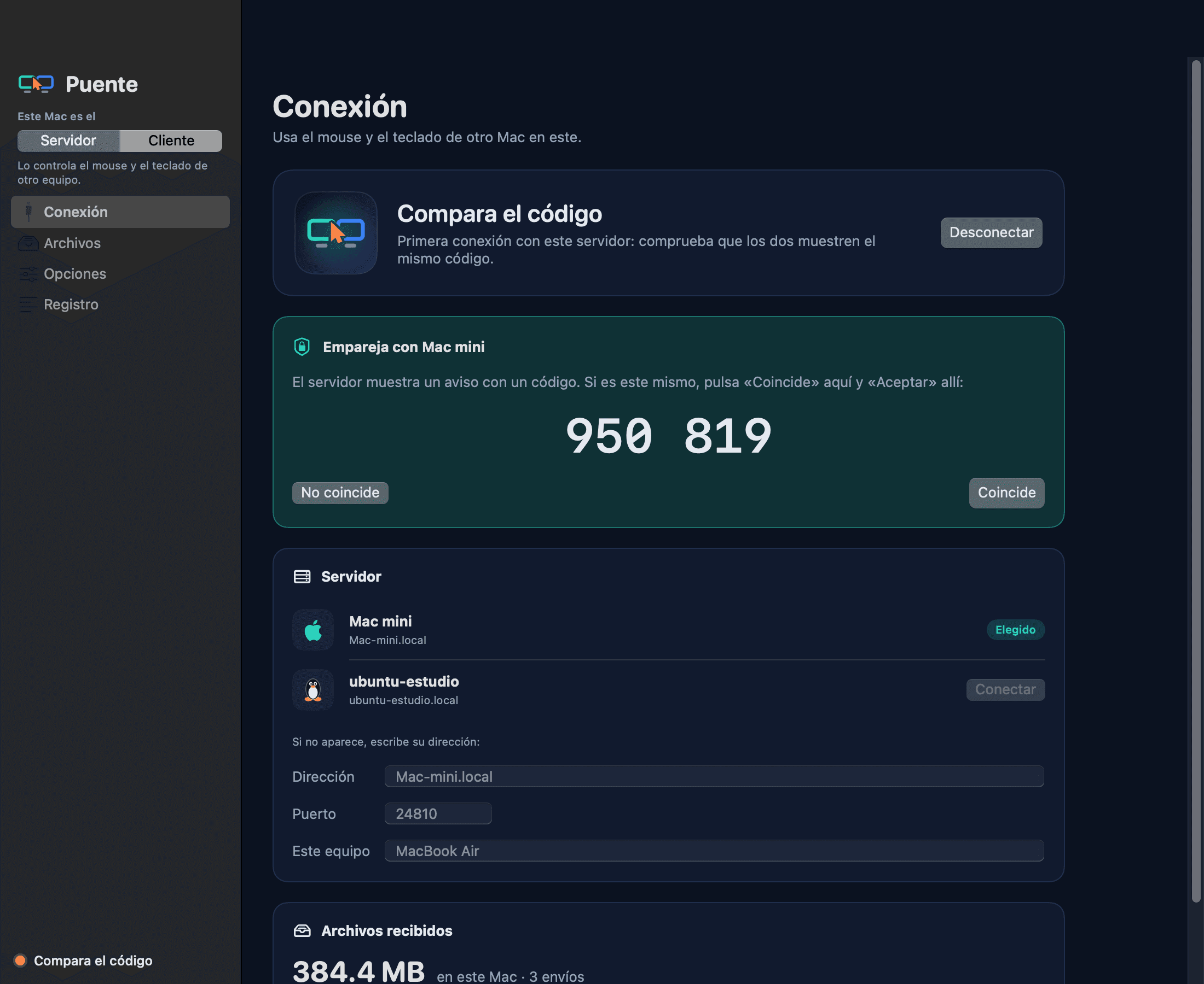 Puente en un MacBook Air como cliente: encontró solo al Mac mini y muestra el código 950 819 para compararlo con el del servidor.