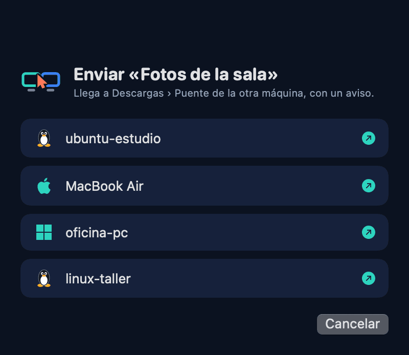 Ventana Enviar con Puente: elige a qué equipo mandar el archivo.